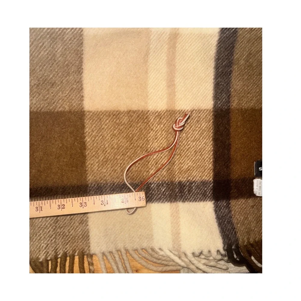 Vintage Pure Wool Plaid Throw Blanket Brown Tan Fringed Uruguay 54
